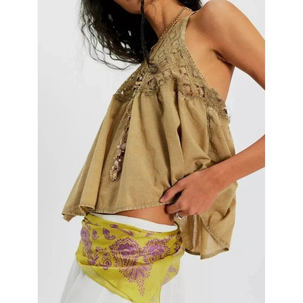 Free People Wandering Light Blouse Top Lace Cutout Tank Green Cotton M 290331
